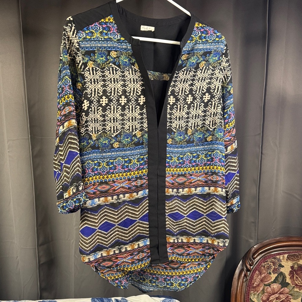 Anthropologie Blue and Black Patterned Blouse